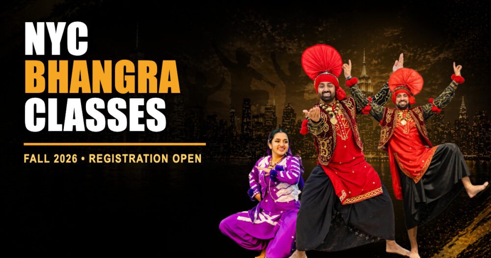 Three Bhangra Empire dancers promoting NYC Fall 2026 classes